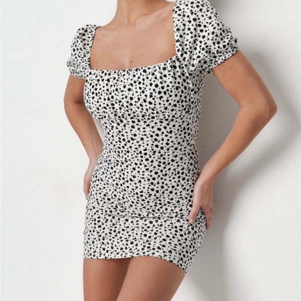 MISSGUIDED WHITE DALMATIAN PRINT MILKMAID MINI DRESS
